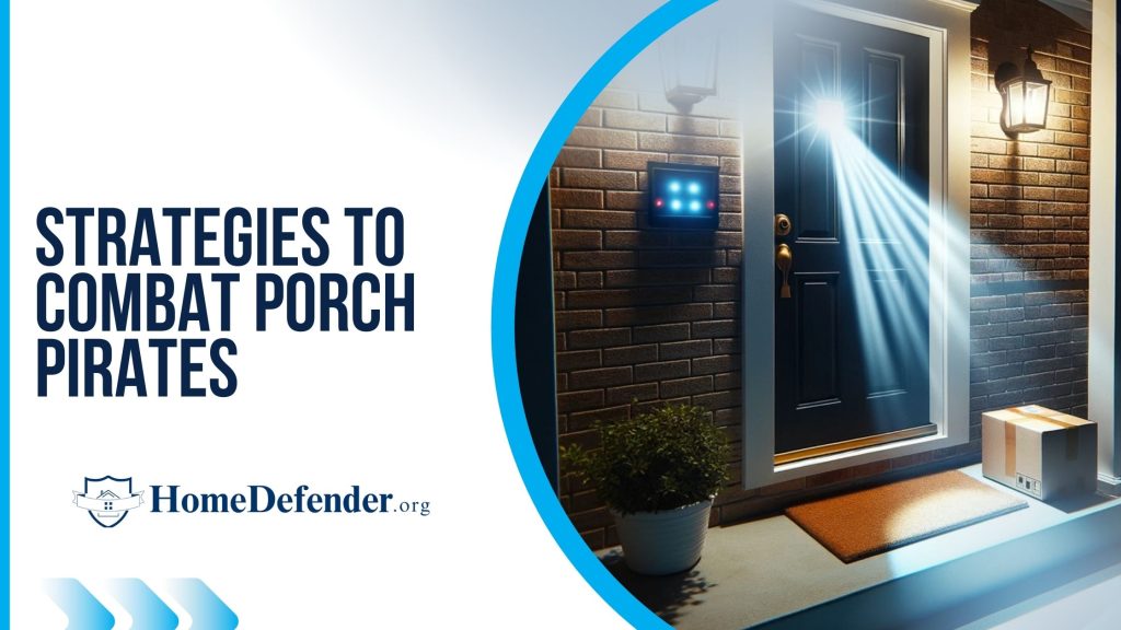 A porch brightly lit by motion-sensor lights as someone approaches a package